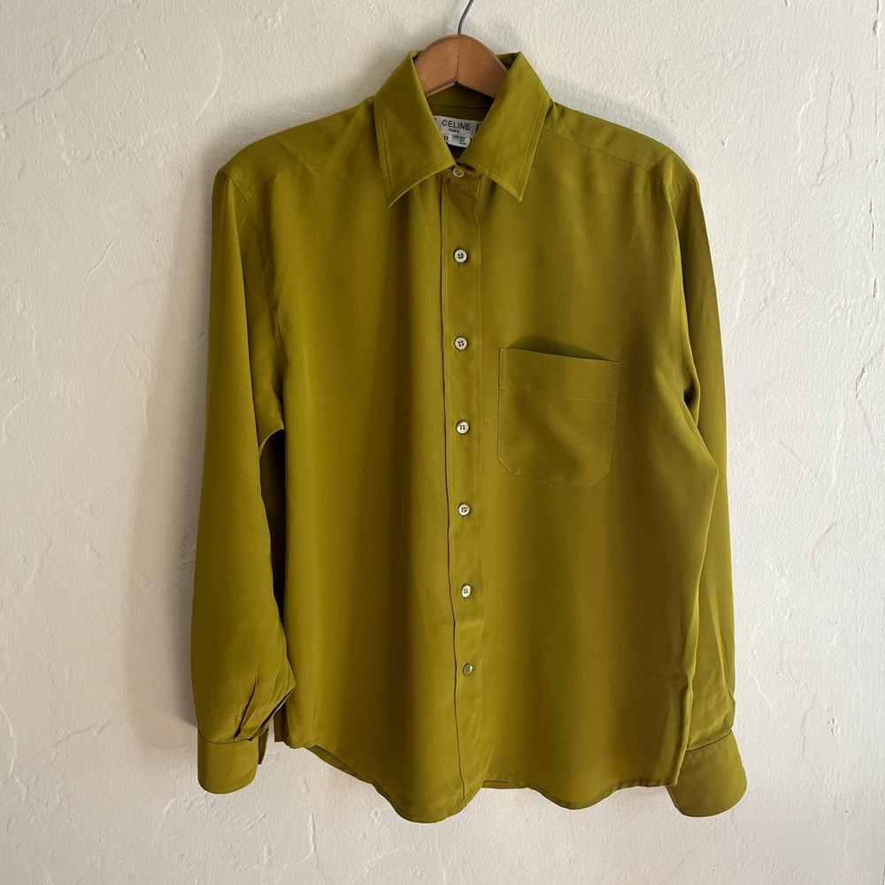 Celine Olive Green Silk Button-Down Shirt